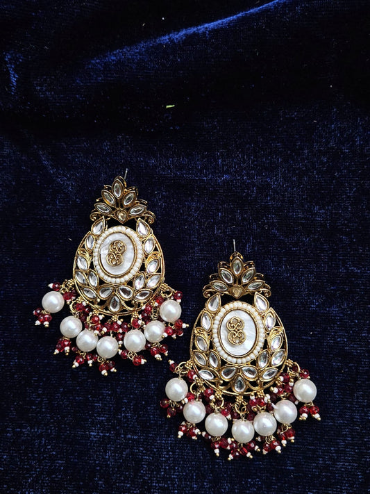 ✨ Royal Kundan & Pearl Jhumka with Red Bead Accents