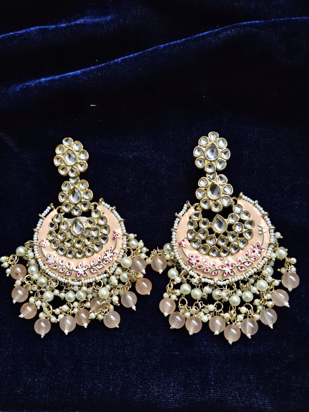 Blush Pink Kundan Pearl Chandbali Earrings