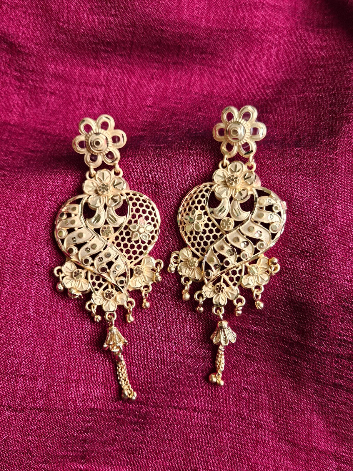 Golden Intricate Floral Dangler Earrings