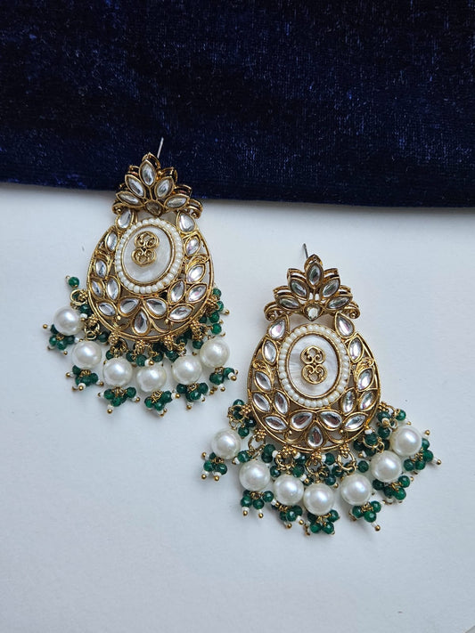 Royal Kundan & Pearl Jhumka with Green Bead Accents