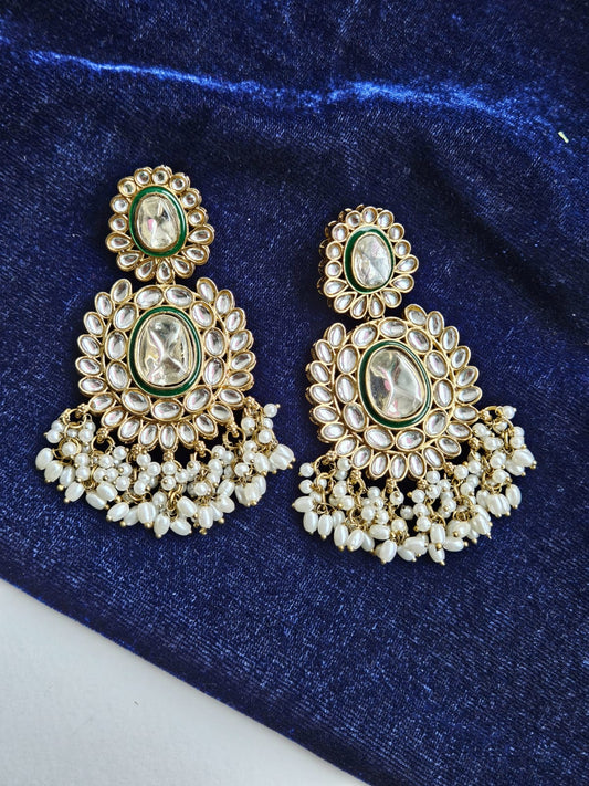 Elegant Kundan Chandbali Earrings with Pearl Clusters