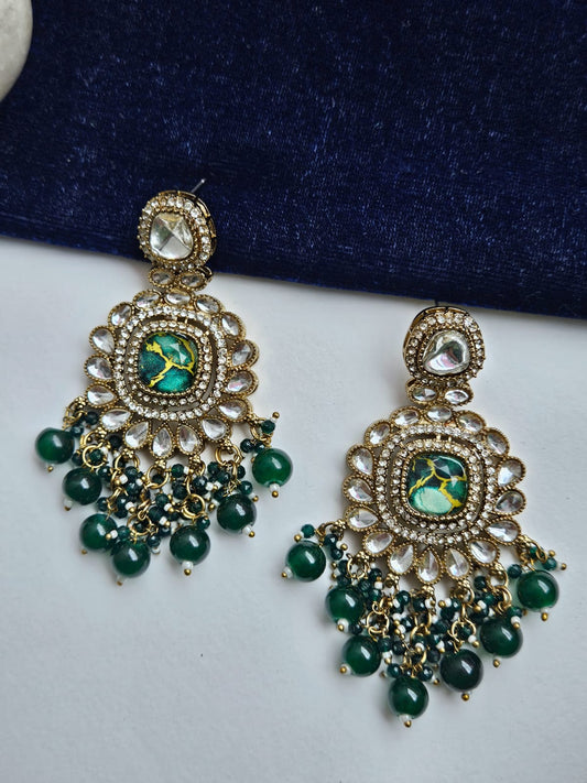 Green Kundan Earrings with Beaded Drops