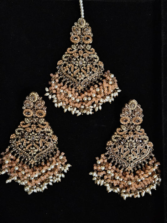 Antique Peach Beaded Jhumka Set with Statement Pendant
