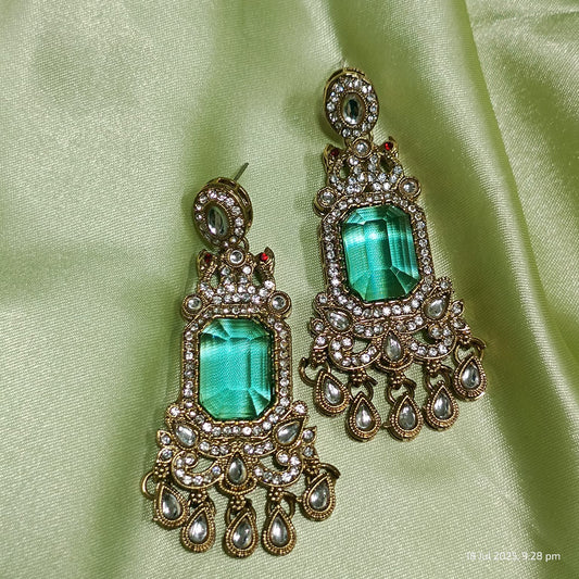 Aqua Majesty Kundan Earrings with Antique Gold Finish