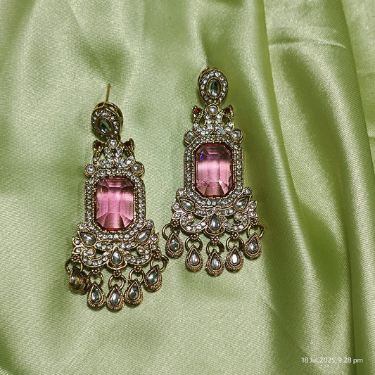 Rose Radiance Kundan Earrings with Antique Gold Finish