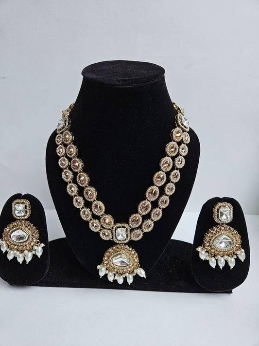 Pearl Drop & Kundan Double-Strand Necklace Set