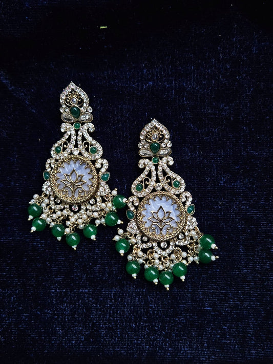 Royal Lotus Kundan Earrings with Emerald Beads