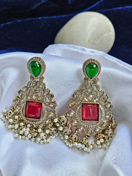 Royal Ruby Kundan Chandbali Earrings with Pearl Drops