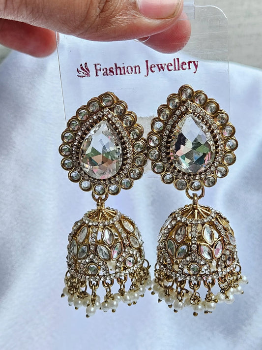 Classic Kundan Jhumka Earrings with Pearl Drops