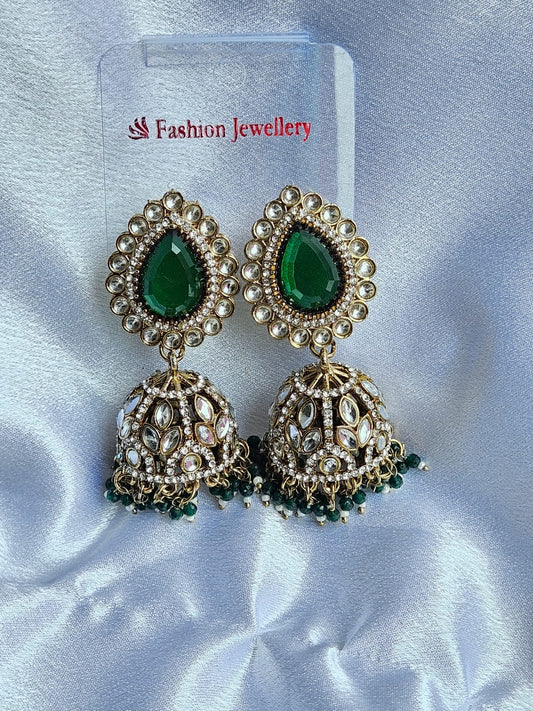 Emerald Green Stone Jhumka Earrings