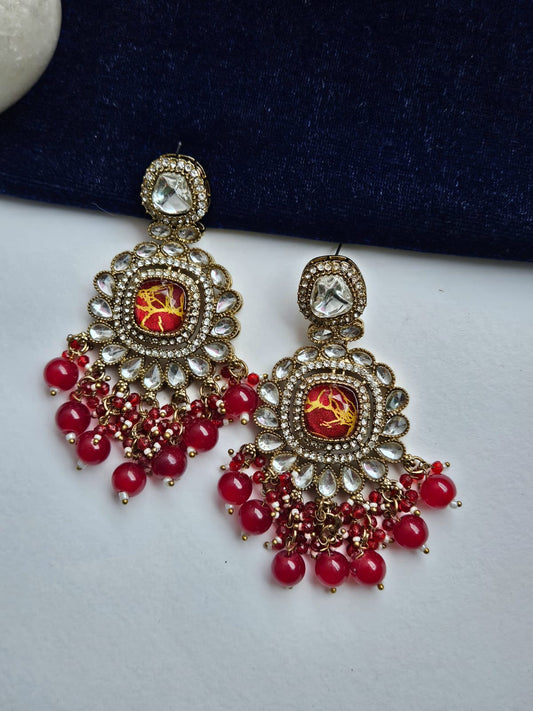 Red Beaded Kundan Earrings with Marble Centerpiece