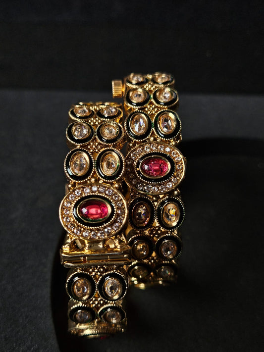 Regal Ruby Glow – Kundan Gold Bangles