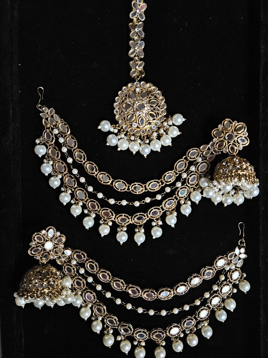 Elegant Kundan & Pearl Jhumka Set with Layered Chains