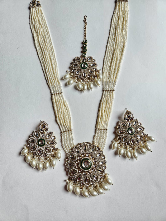 "Emerald Grace Kundan Pearl Necklace Set"