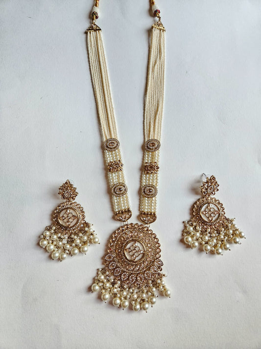 Traditional Pearl Beaded Kundan Necklace Set with Grand Pendant & Earrings