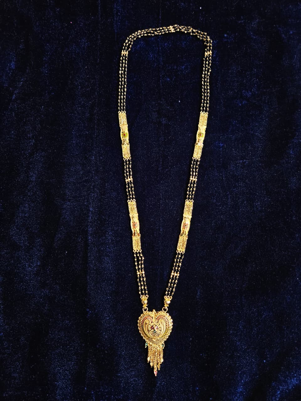 Ornate Gold Heart Mangalsutra with Black Beads