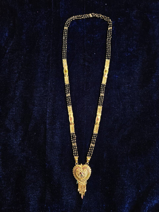 Ornate Gold Heart Mangalsutra with Black Beads
