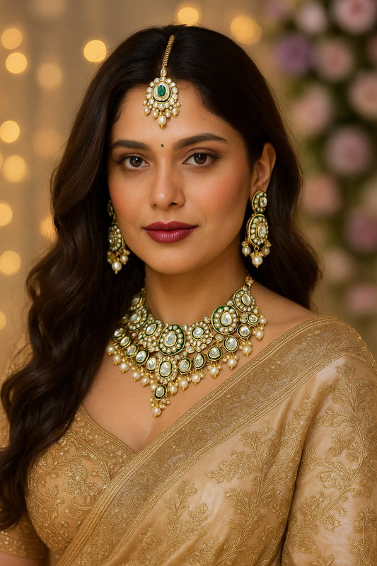 Emerald Royale – Kundan & Pearl Bridal Necklace Set