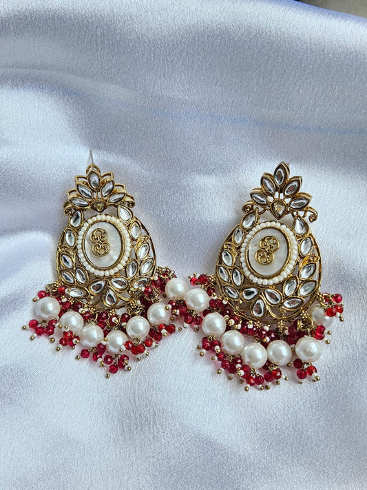 ✨ Royal Kundan & Pearl Jhumka with Red Bead Accents